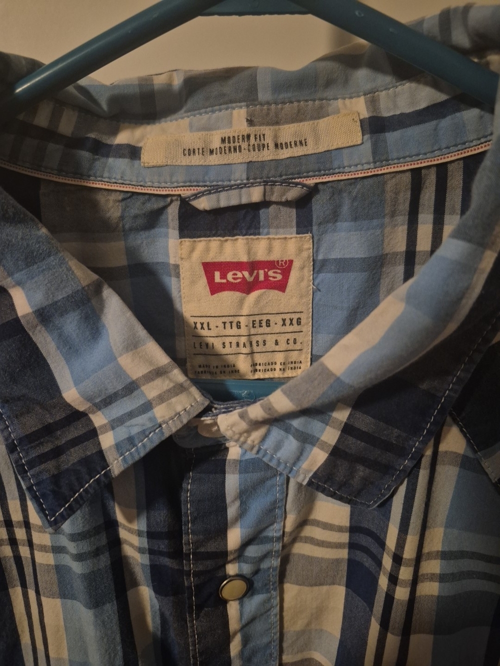 Levi's Short-Sleeve Shirt Mens Western Blue White Plaid Pearl Snap XXL - Picture 2 of 8